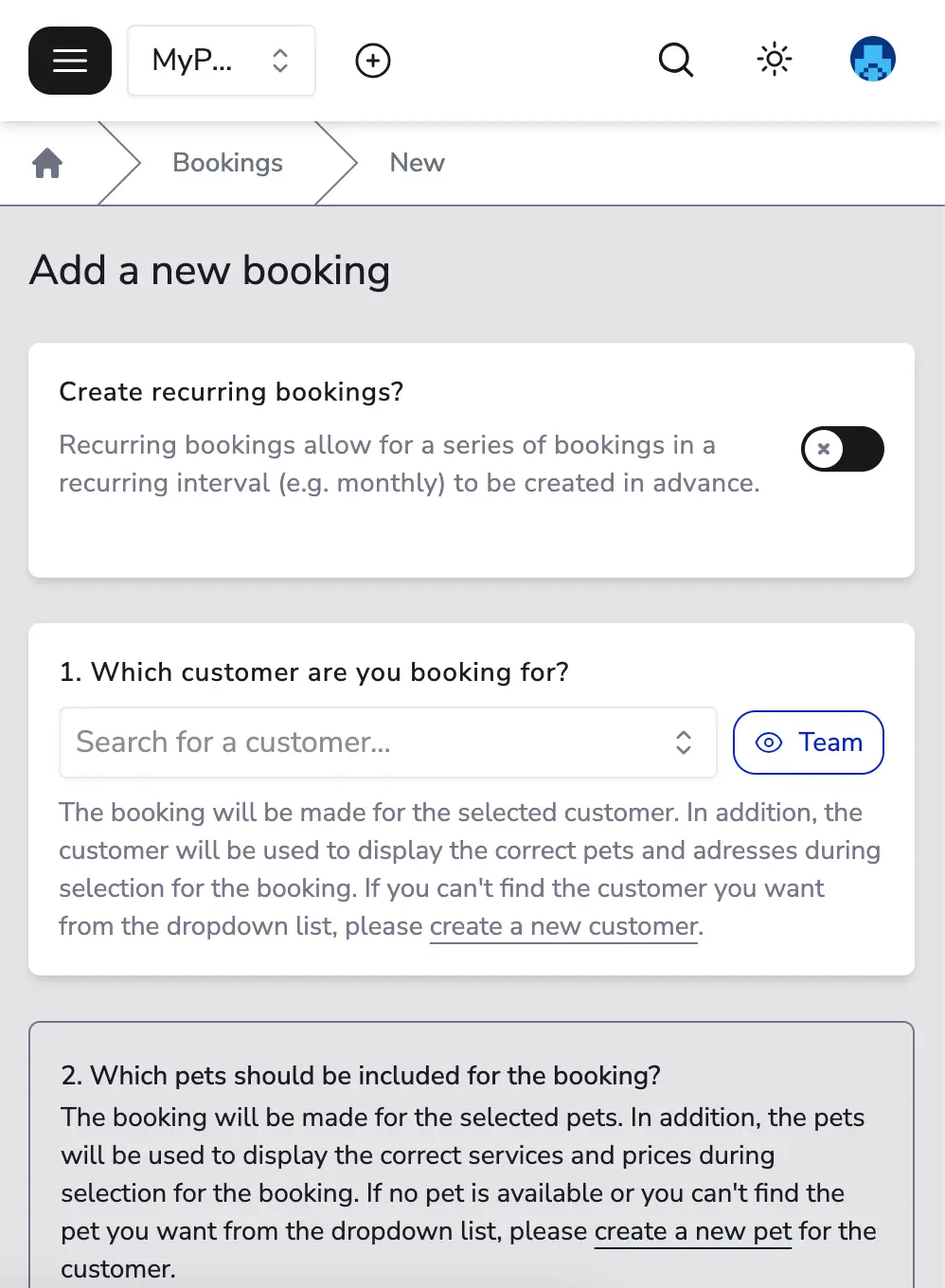 a screenshot of the MyPetParlor App's add a new booking page with the options to switch to recurring bookings, search or select a customer from a dropdown, select the customers pets for the booking, and more.