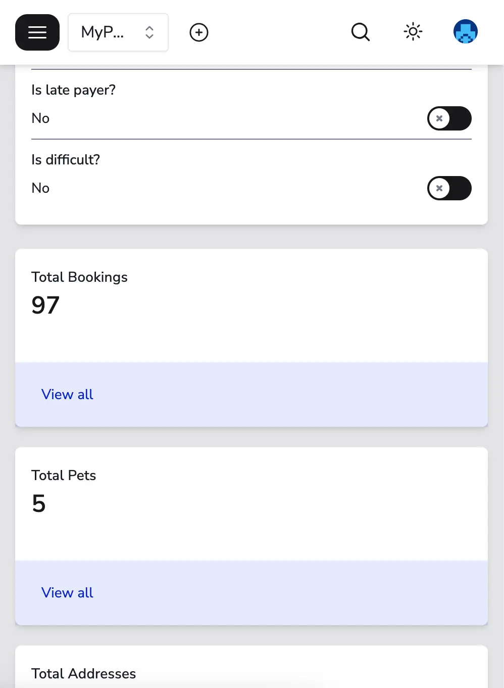 a screenshot of the MyPetParlor App's customer details page with the options to update their information and to view and manage their bookings, pets, and addresses.