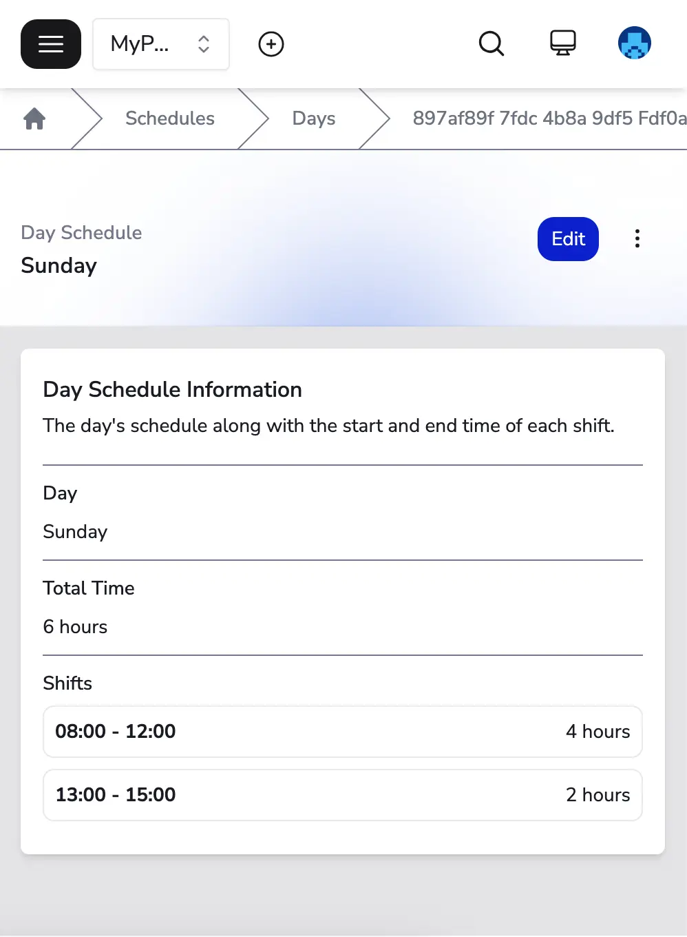 a screenshot of the MyPetParlor App's day schedule details page with the options to edit the schedule and do more.