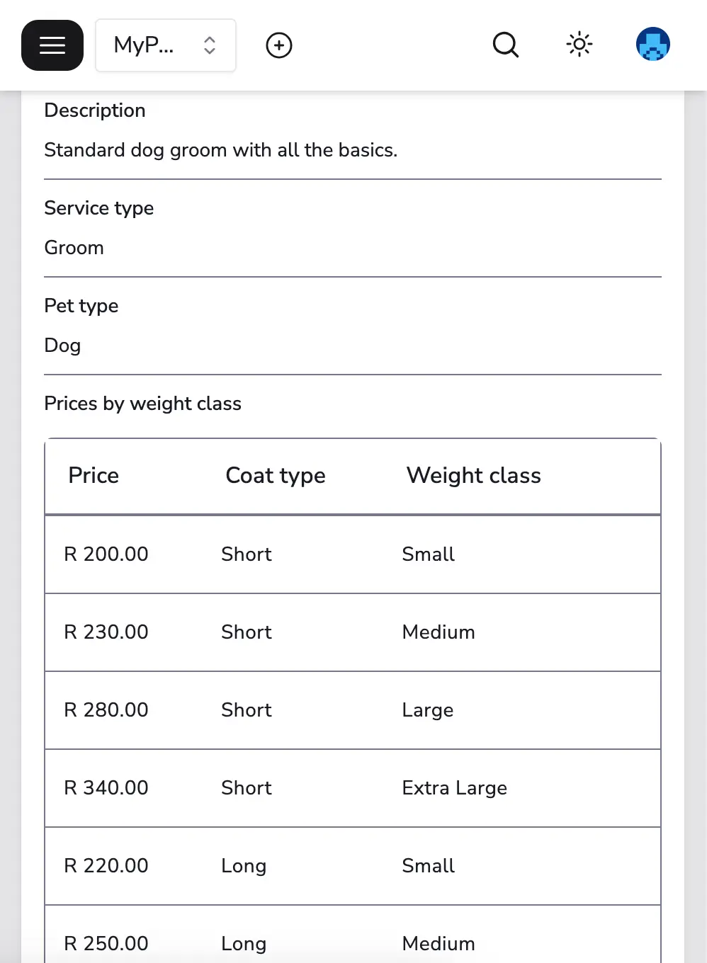 a screenshot of the MyPetParlor App's service details page with the options to edit the schedule, view the prices by weight class, coat type and more.