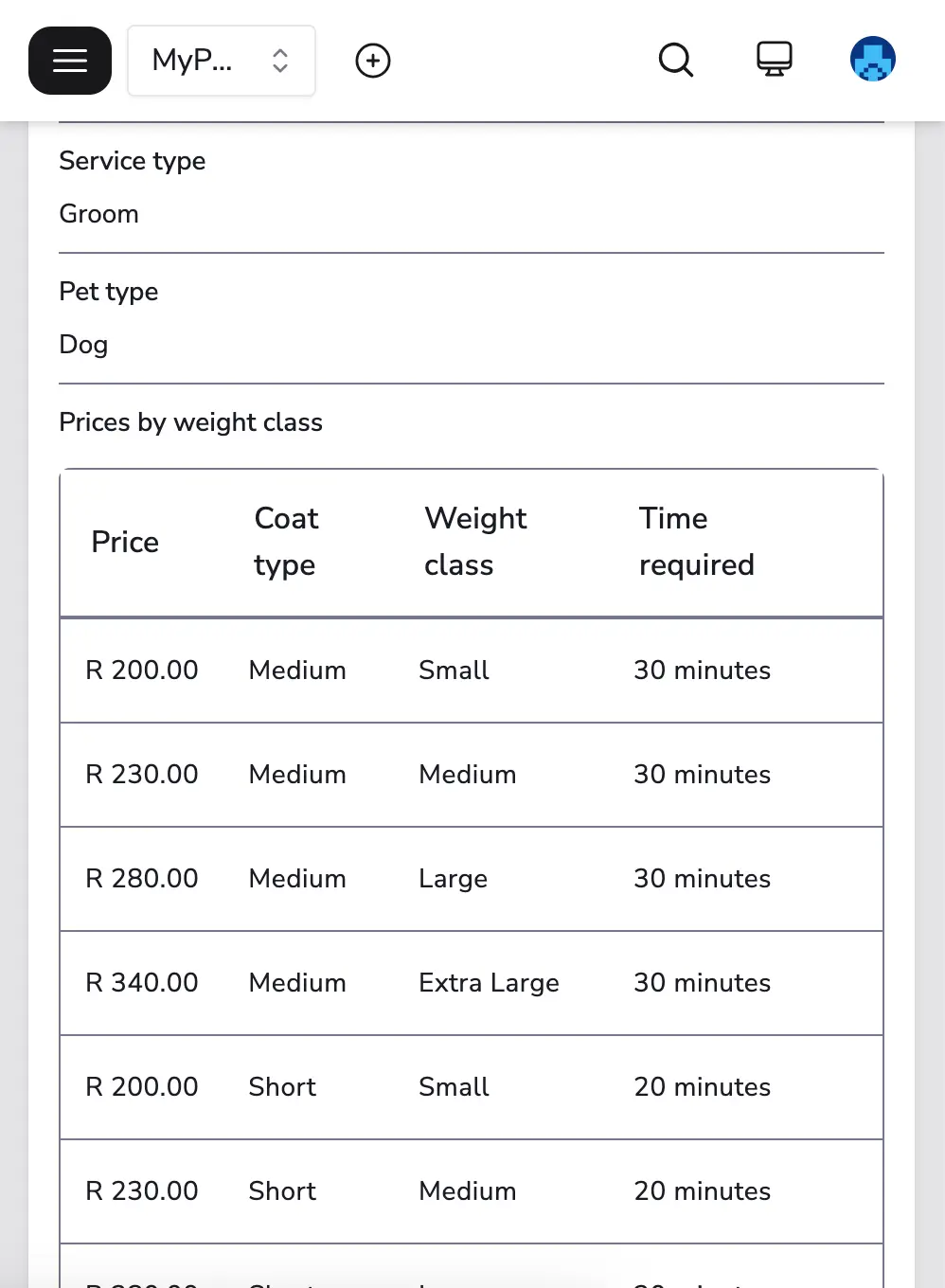 a screenshot of the MyPetParlor App's service details page with the options to edit the schedule, view the prices by weight class, coat type, time requirements and more.