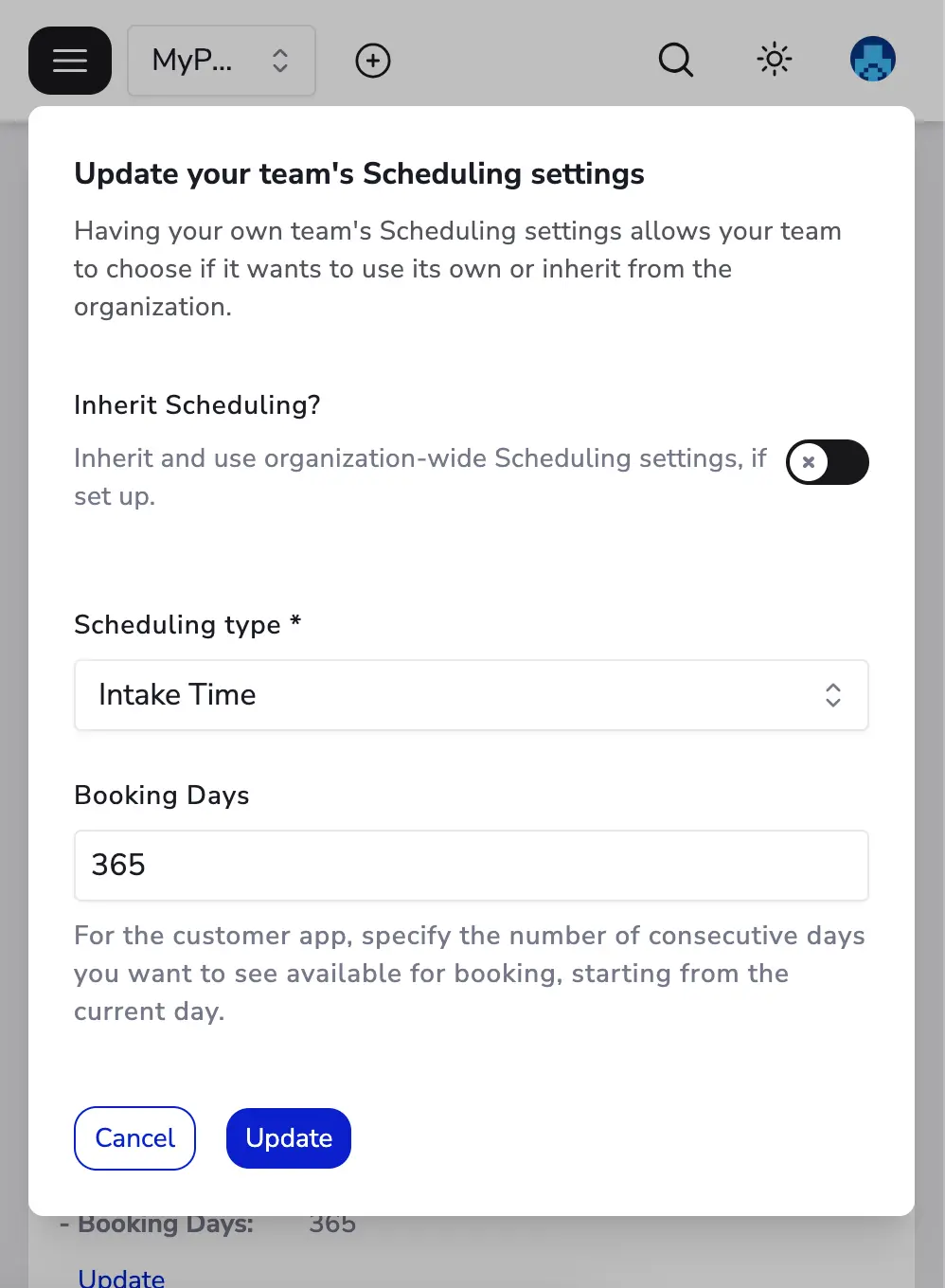 a screenshot of the MyPetParlor App's team-level scheduling settings with the options to inherit scheduling, change scheduling type (currently set to "Intake Time"), and set the number of bookings days to be generated ahead of time for selection on the customer app.