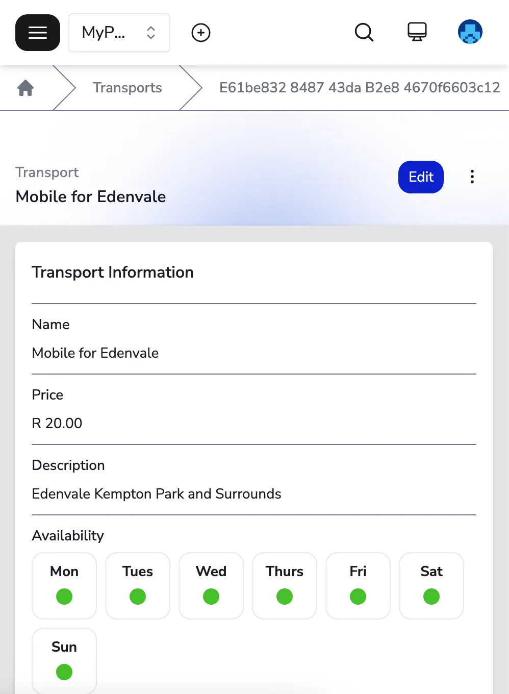 a screenshot of the MyPetParlor App's transport details page showing the Mobile for Edenvale transport and the ability to change its name, price, weekly availability, and more.