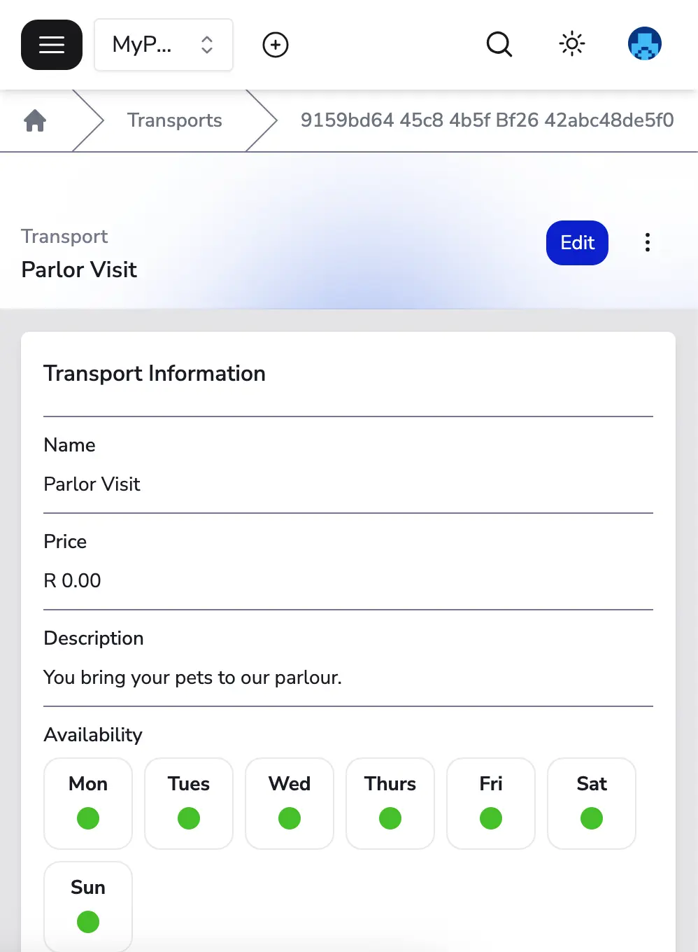 a screenshot of the MyPetParlor App's transport details page showing the Parlor Visit transport and the ability to change its name, price, weekly availability, and more.